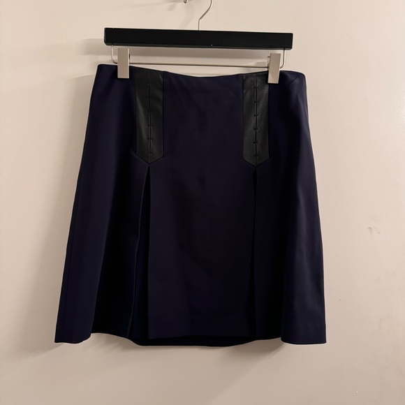 Rebecca Taylor Navy Pleated Skirt Leather Trim - Picture 3 of 7